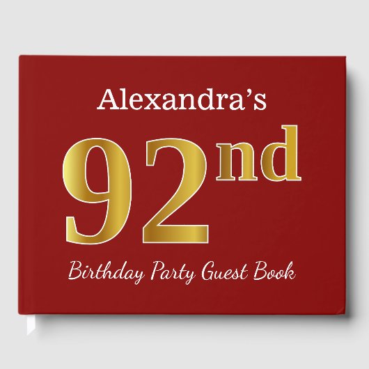 Red, Faux Gold 92e verjaardag Partij + Eigen naam Gastenboek (Voorkant)