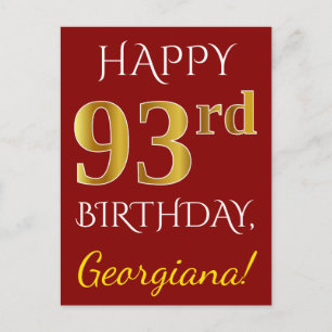 Red, Faux Gold 93rd Birthday + aangepaste naam Briefkaart