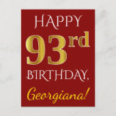 Red, Faux Gold 93rd Birthday + aangepaste naam Briefkaart (Voorkant)