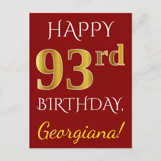 Red, Faux Gold 93rd Birthday + aangepaste naam Briefkaart (Voorkant)