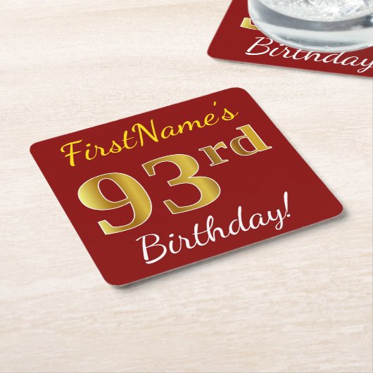 Red, Faux Gold 93rd Birthday + aangepaste naam Kartonnen Onderzetters (Schuin)