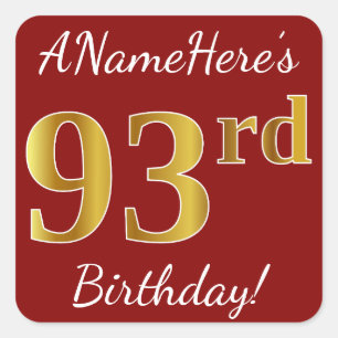 Red, Faux Gold 93rd Birthday + Sticker voor aangep
