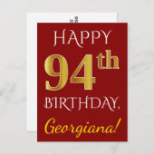 Red, Faux Gold 94th Birthday + aangepaste naam Briefkaart (Voorkant / Achterkant)