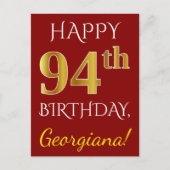 Red, Faux Gold 94th Birthday + aangepaste naam Briefkaart (Voorkant)