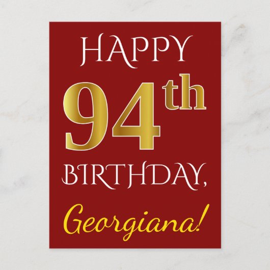 Red, Faux Gold 94th Birthday + aangepaste naam Briefkaart (Voorkant)