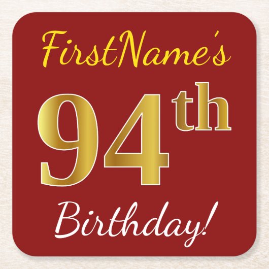 Red, Faux Gold 94th Birthday + aangepaste naam Kartonnen Onderzetters (Voorkant)
