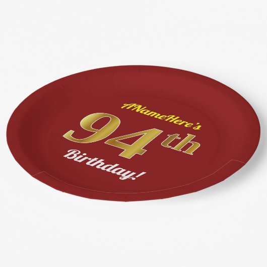 Red, Faux Gold 94th Birthday + aangepaste naam Papieren Bordje (Gekanteld)