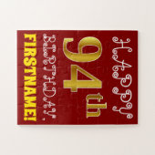 Red, Faux Gold 94th Birthday + Eigen naam Puzzle Legpuzzel (Horizontaal)