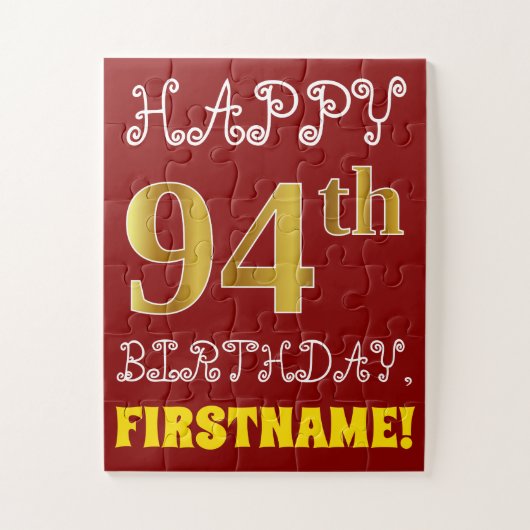 Red, Faux Gold 94th Birthday + Eigen naam Puzzle Legpuzzel (Verticaal)