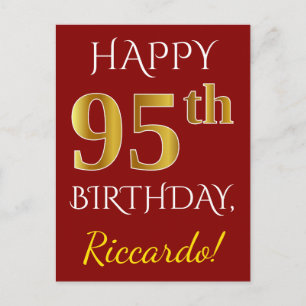Red, Faux Gold 95th Birthday + aangepaste naam Briefkaart