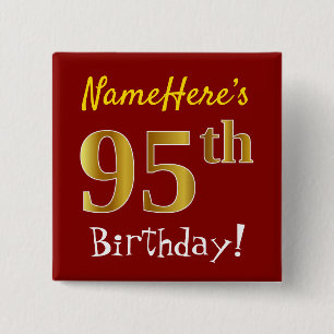 Red, Faux Gold 95th Birthday, met aangepaste naam Vierkante Button 5,1 Cm