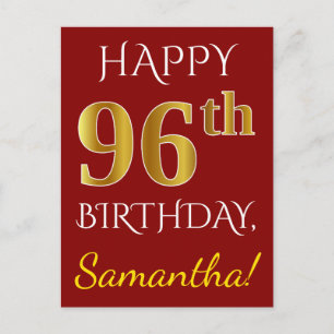 Red, Faux Gold 96th Birthday + aangepaste naam Briefkaart