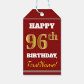 Red, Faux Gold 96th Birthday + aangepaste naam Cadeaulabel (Voorkant)