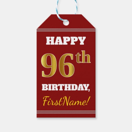Red, Faux Gold 96th Birthday + aangepaste naam Cadeaulabel (Voorkant)