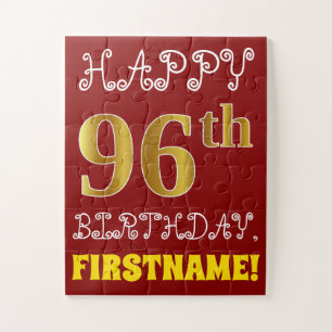 Red, Faux Gold 96th Birthday + Eigen naam Puzzle Legpuzzel