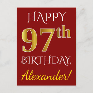 Red, Faux Gold 97th Birthday + aangepaste naam Briefkaart