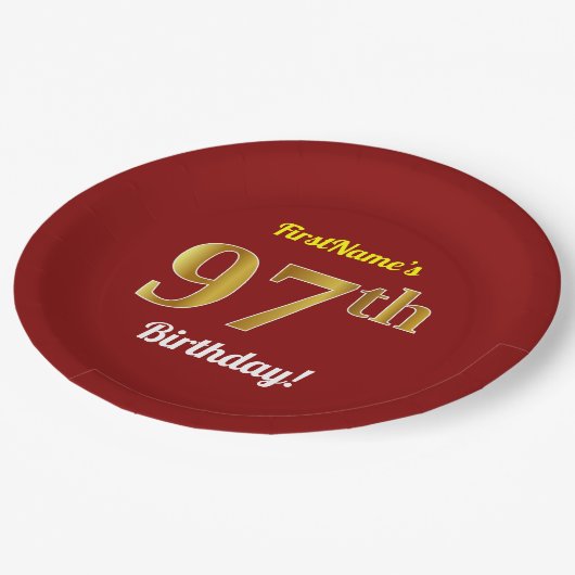 Red, Faux Gold 97th Birthday + aangepaste naam Papieren Bordje (Gekanteld)