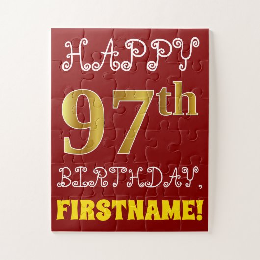 Red, Faux Gold 97th Birthday + Eigen naam Puzzle Legpuzzel (Verticaal)