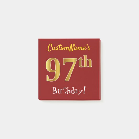 Red, Faux Gold 97th Birthday, met aangepaste naam Post-it® Notes (Voorkant)