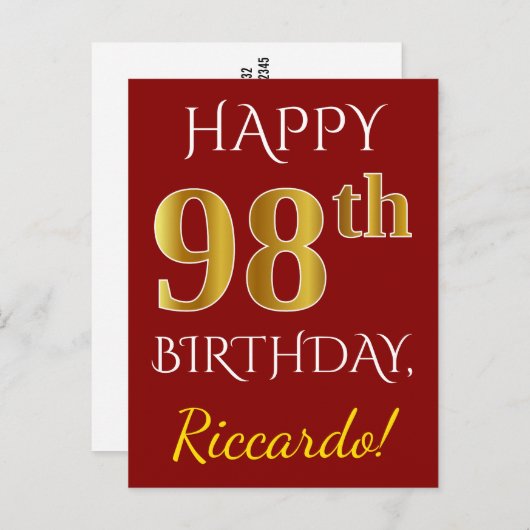 Red, Faux Gold 98th Birthday + aangepaste naam Briefkaart (Voorkant / Achterkant)