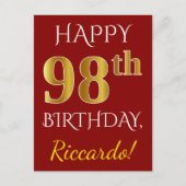 Red, Faux Gold 98th Birthday + aangepaste naam Briefkaart (Voorkant)