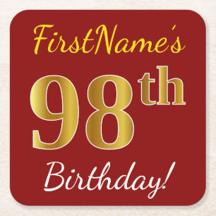 Red, Faux Gold 98th Birthday + aangepaste naam Kartonnen Onderzetters