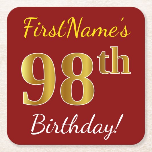 Red, Faux Gold 98th Birthday + aangepaste naam Kartonnen Onderzetters (Voorkant)