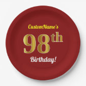 Red, Faux Gold 98th Birthday + aangepaste naam Papieren Bordje (Voorkant)