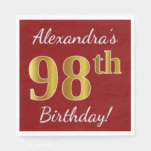 Red, Faux Gold 98th Birthday + aangepaste naam Servetten