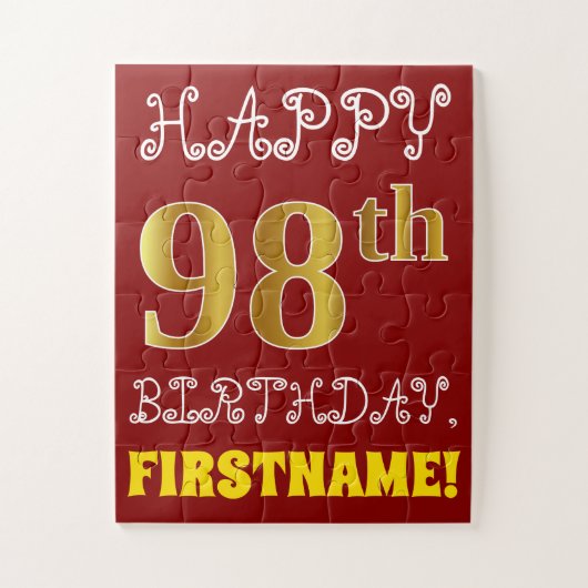 Red, Faux Gold 98th Birthday + Eigen naam Puzzle Legpuzzel (Verticaal)