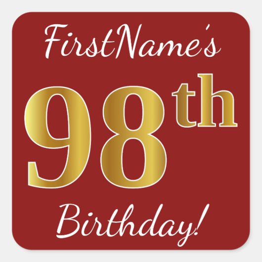 Red, Faux Gold 98th Birthday + Eigen naam Sticker (Voorkant)