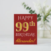 Red, Faux Gold 99th Birthday + aangepaste naam Briefkaart (Staand voorkant)