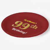 Red, Faux Gold 99th Birthday + aangepaste naam Papieren Bordje (Gekanteld)