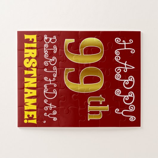 Red, Faux Gold 99th Birthday + Eigen naam Puzzle Legpuzzel (Horizontaal)