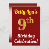 Red, Faux Gold 9th Birthday Celebration + naam Kaart (Voorkant / Achterkant)