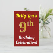 Red, Faux Gold 9th Birthday Celebration + naam Kaart (Staand voorkant)