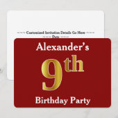 Red, Faux Gold 9th Birthday Party + aangepaste naa Kaart (Voorkant / Achterkant)