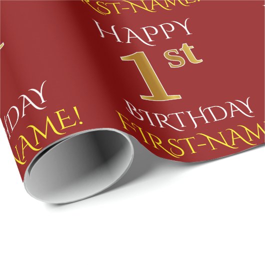 Red, Faux Gold "HAPPY 1st BIRTHDAY" Cadeaupapier (Rol Hoek)