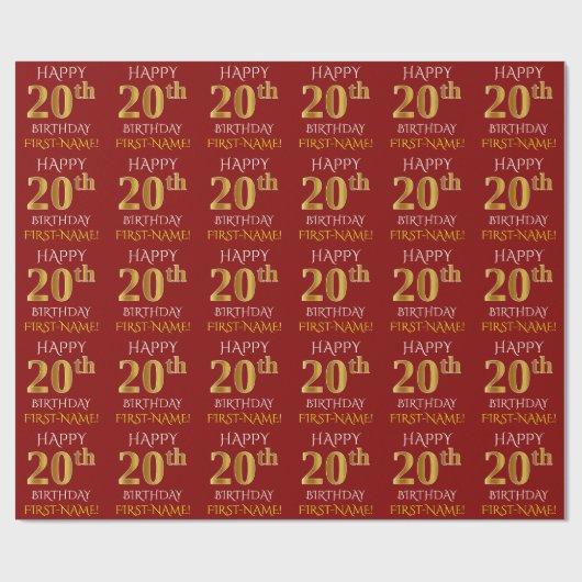 Red, Faux Gold "HAPPY 20th BIRTHDAY" Cadeaupapier (Vlak)