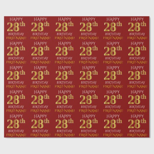 Red, Faux Gold "HAPPY 28th BIRTHDAY" Cadeaupapier (Vlak)