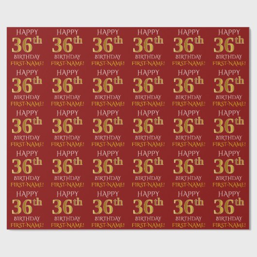 Red, Faux Gold "HAPPY 36th BIRTHDAY" Cadeaupapier (Vlak)