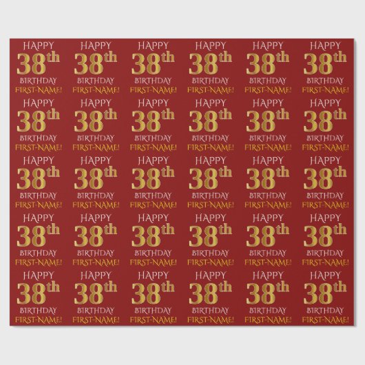 Red, Faux Gold "HAPPY 38th BIRTHDAY" Cadeaupapier (Vlak)