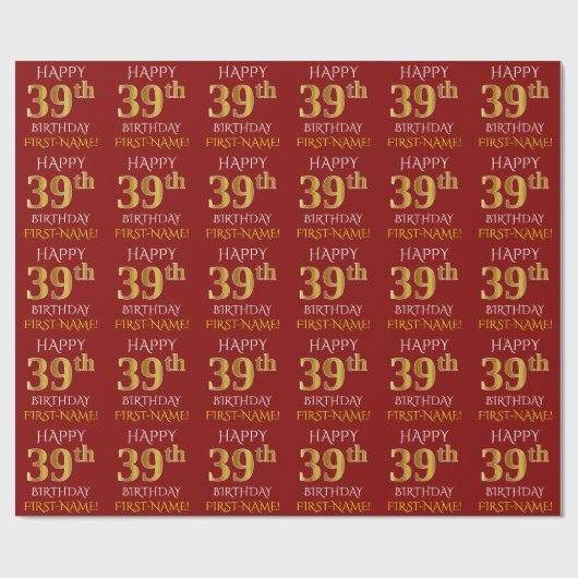 Red, Faux Gold "HAPPY 39th BIRTHDAY" Cadeaupapier (Vlak)