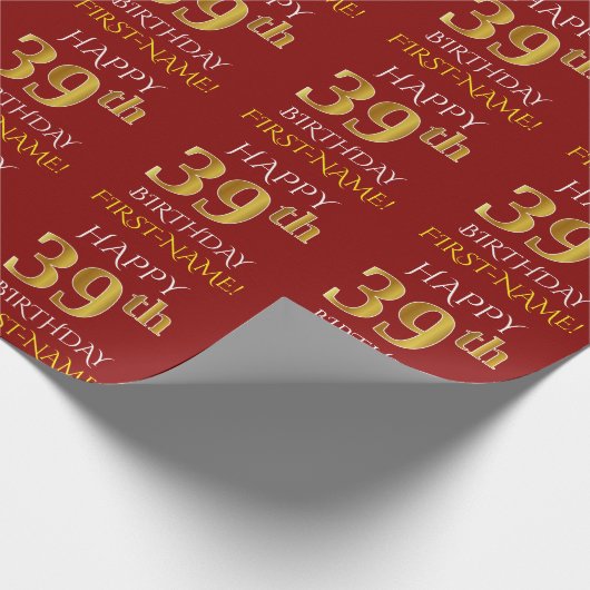 Red, Faux Gold "HAPPY 39th BIRTHDAY" Cadeaupapier (Hoek)