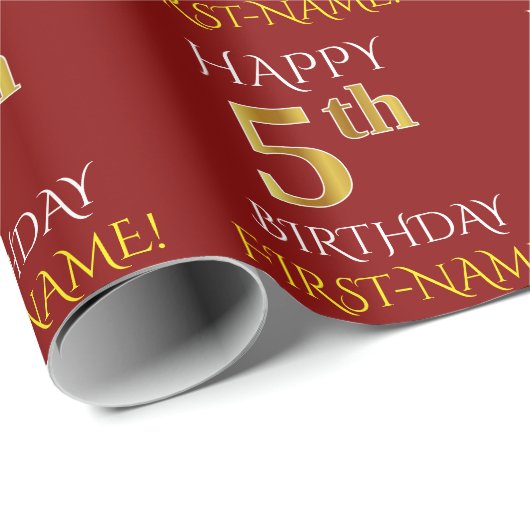 Red, Faux Gold "HAPPY 5th BIRTHDAY" Cadeaupapier (Rol Hoek)