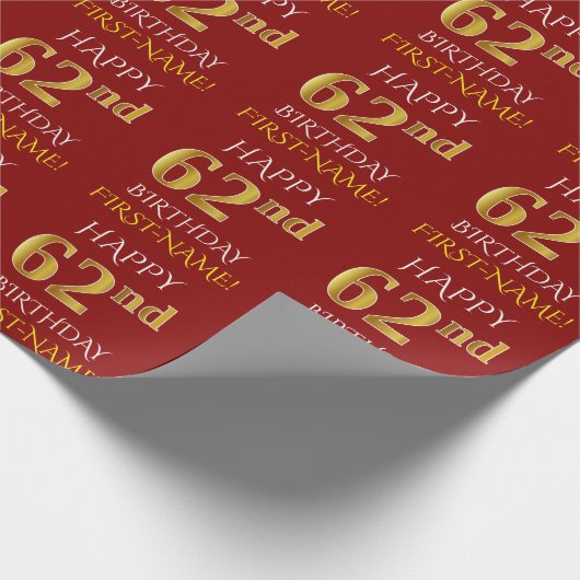 Red, Faux Gold "HAPPY 62nd BIRTHDAY" Cadeaupapier (Hoek)