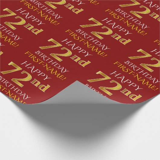 Red, Faux Gold "HAPPY 72nd BIRTHDAY" Cadeaupapier (Hoek)