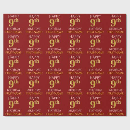 Red, Faux Gold "HAPPY 9th BIRTHDAY" Cadeaupapier (Vlak)