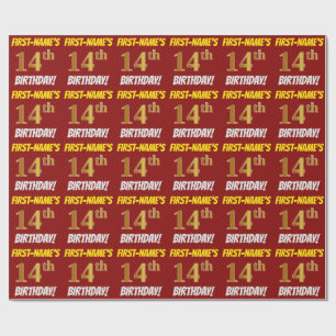 Red, Faux/Imitation Gold, "14th BIRTHDAY" Cadeaupapier