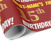 Red, Faux/Imitation Gold, "15th BIRTHDAY" Cadeaupapier (Rol Hoek)